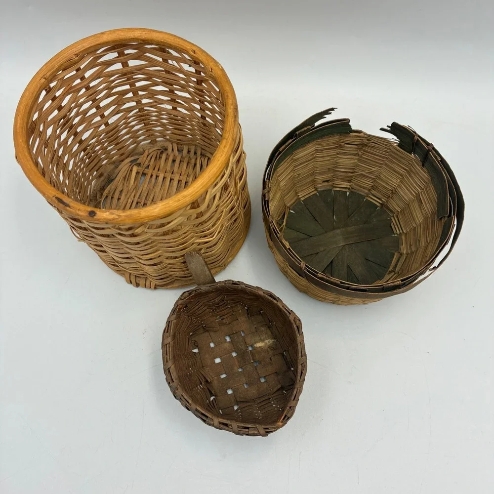 Vintage Woven Baskets Set of 3 Rustic Wicker Wood Farmhouse Decor Multi-Size